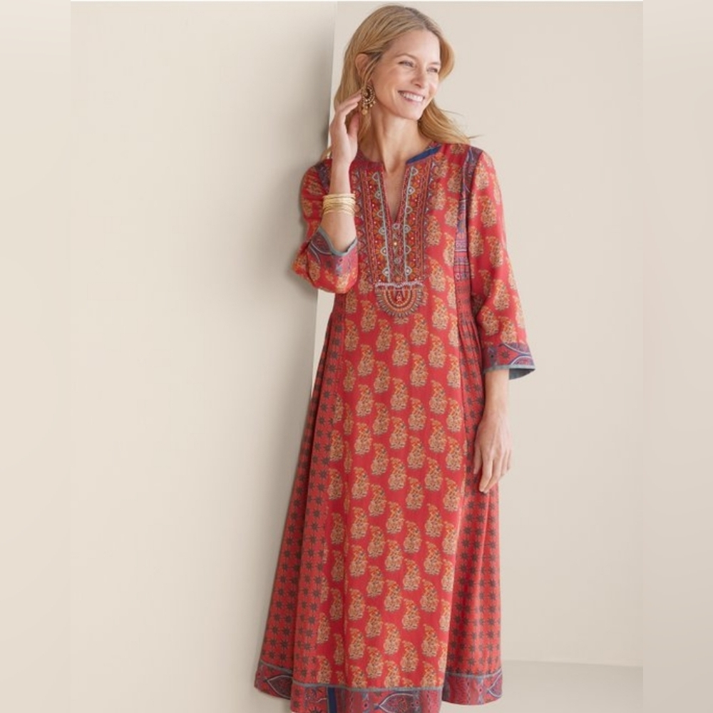 Soft Surroundings Red Paisley Midi Dress with Blue Trim
